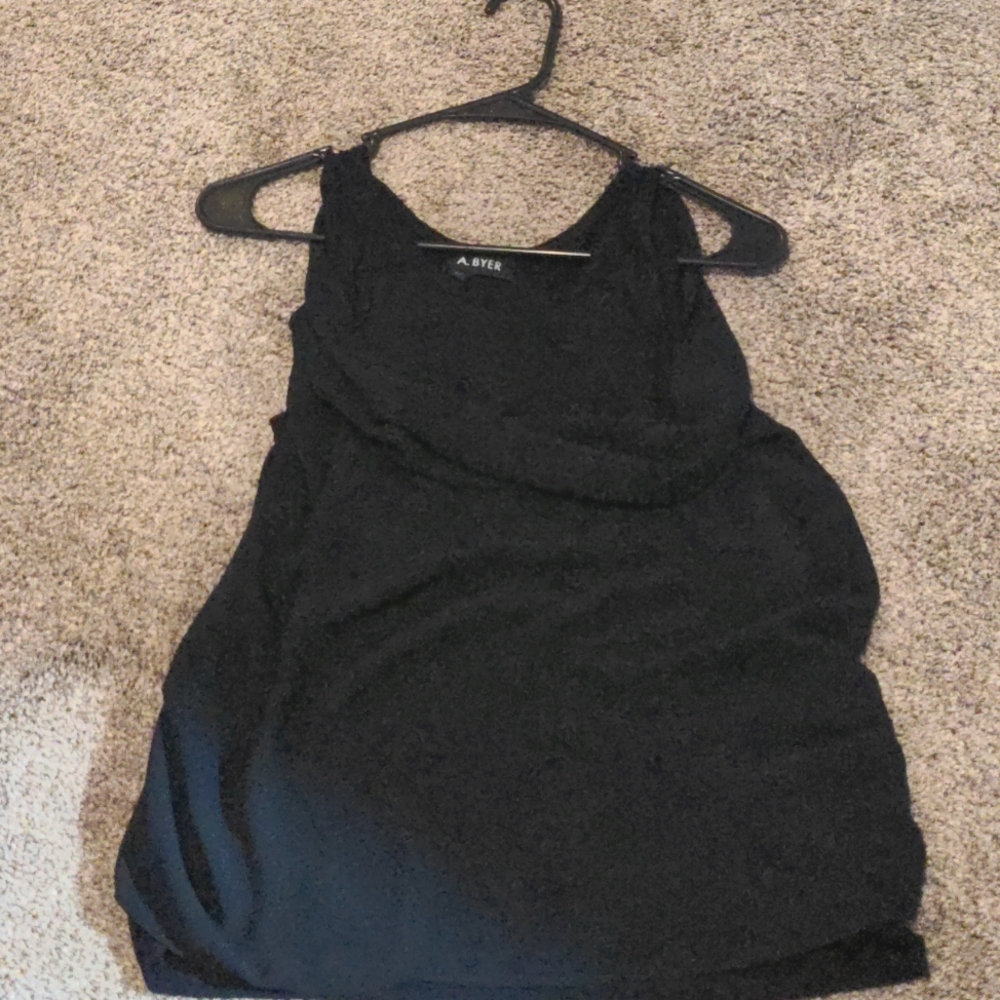 Black dressy tank with sheer scoop front piece.